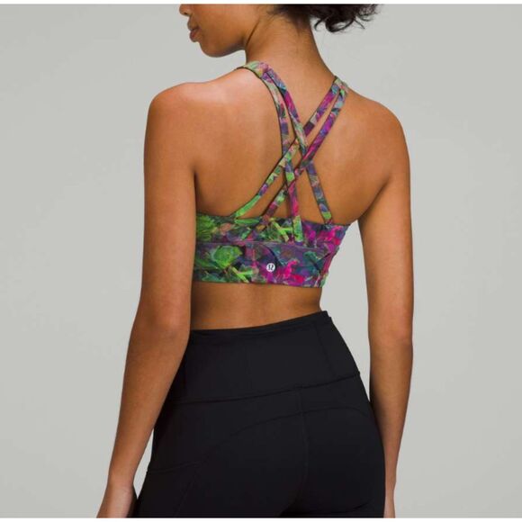 Women Lululemon Energy High-Neck Longline Tough Bra Vivid Floral Tone Multi Sz 6 - Picture 2 of 7
